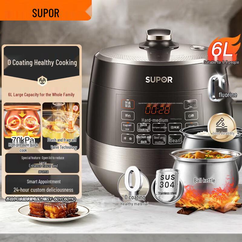 SUPOR 6L Smart Electric Pressure Cooker with Dual Stainless Steel Pots