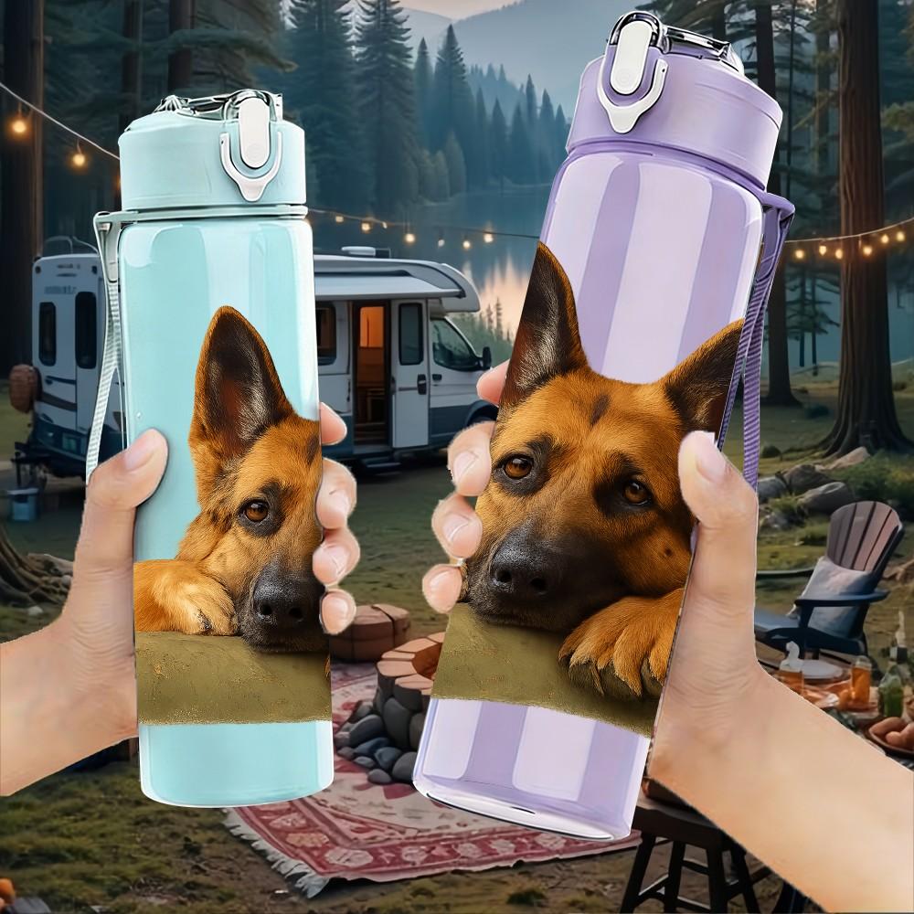 1PC German Shepherd Sit Pose 750ml Color Plastic Sports Water Bottle Leakproof Flip Straw Lid Suitable for Sports Office Home Use