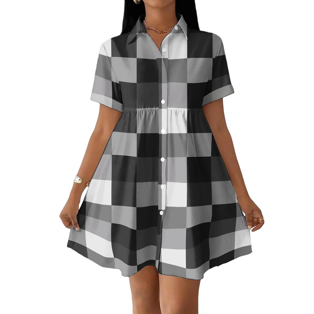 Casual Loose Fit Shirt Dress with Button Front and Stand Collar Short Sleeve Relaxed Fit Plaid Pattern Dress for Women