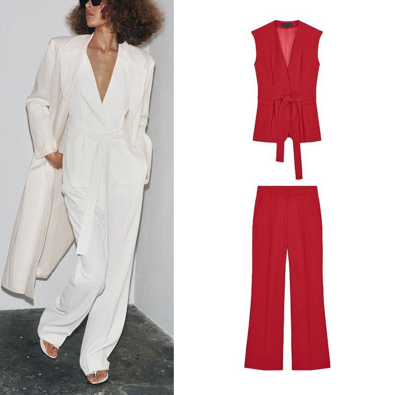 With Padded Shoulder with Belt V Neck Vest Jacket 2390198 Strap Accessories Mid Waist Flared Pants 2377198