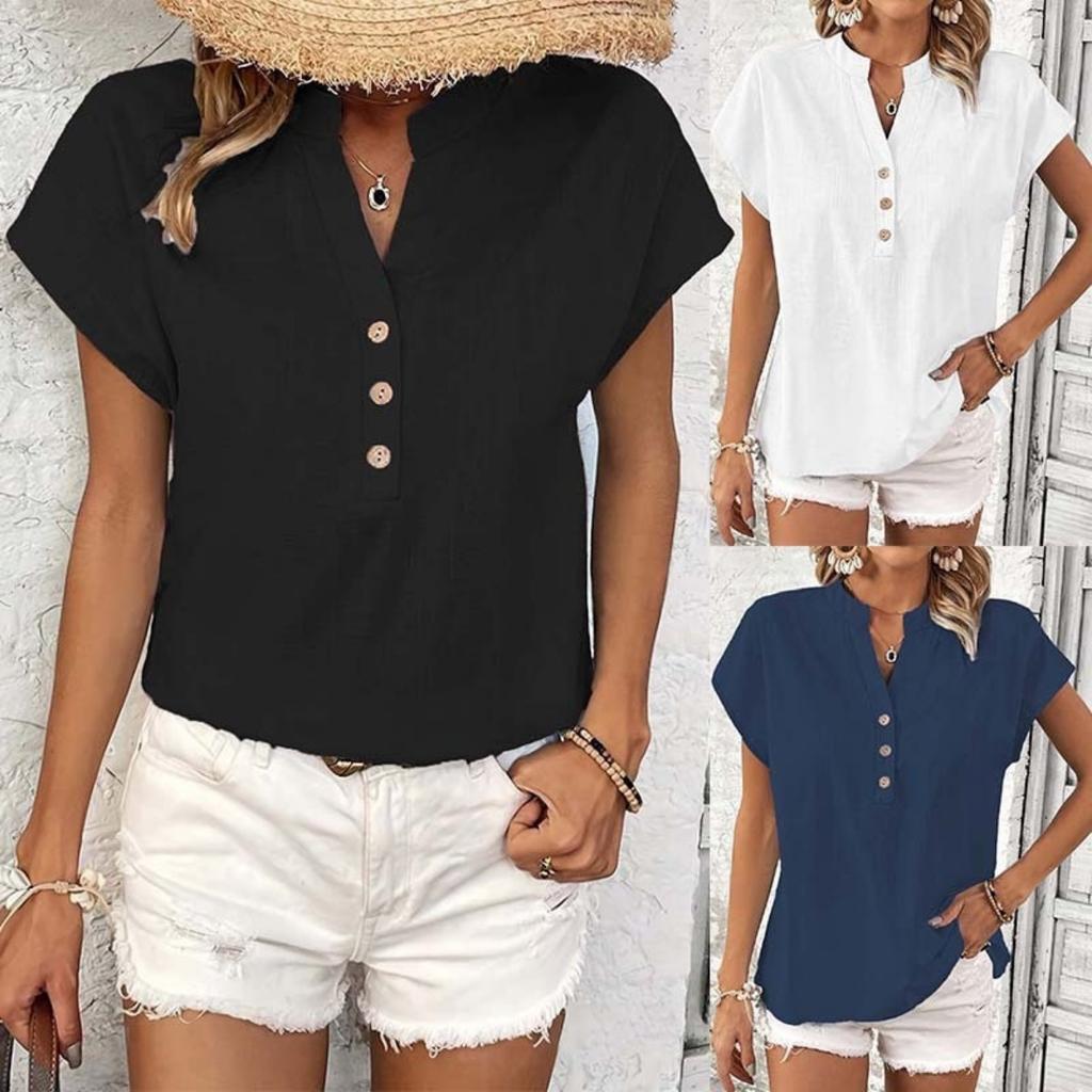 New Retro Cotton Linen Women's Casual Shirt, V-neck Button Short Sleeve Solid Color Top For European American Crossborder