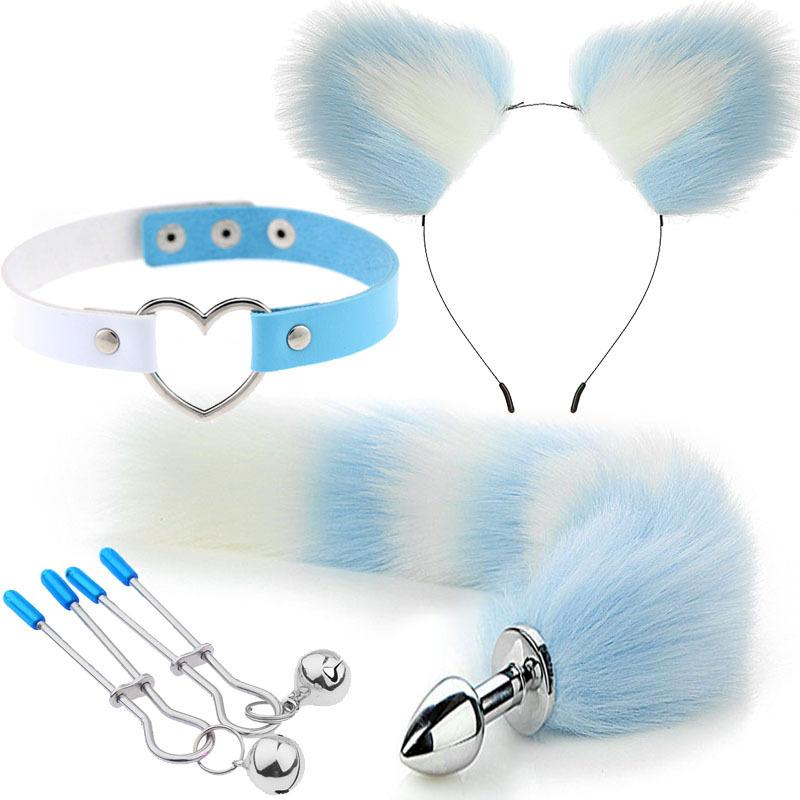 Anal Sex Toys Fox Tail Butt Plug Sexy Plush Cat Ear Headband with  Leather Necklace Set Massage Sex Toys Women Couples Cosplay