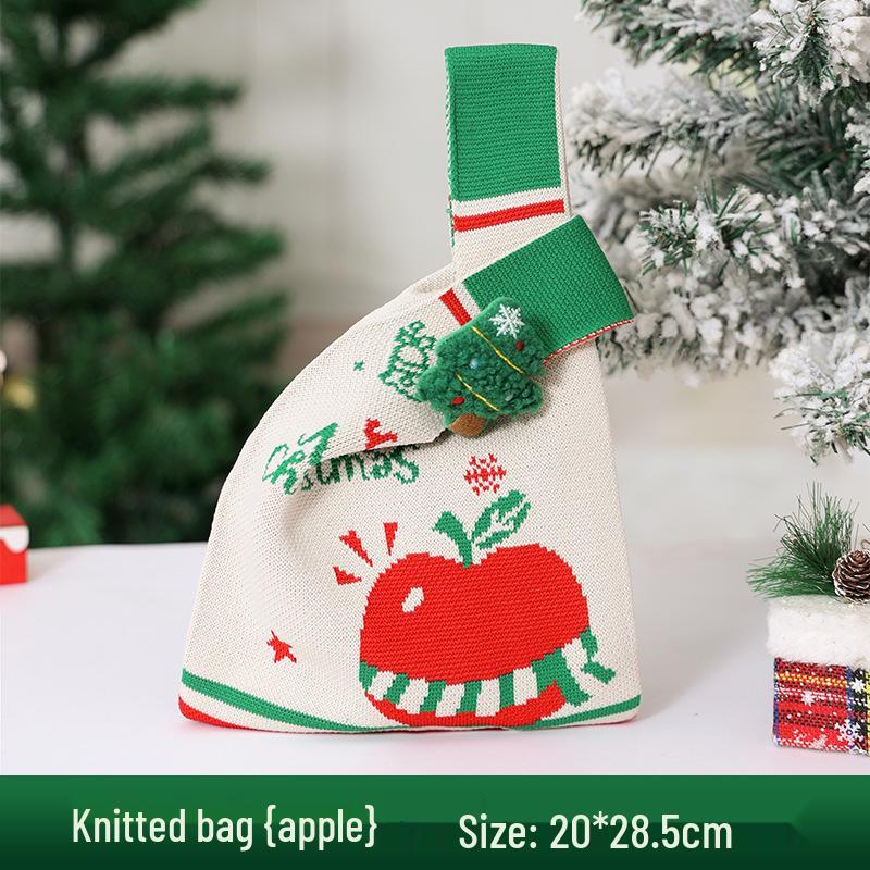 Christmas Apple Flannel Drawstring Gift Bag with Bowknot for Children's Candy