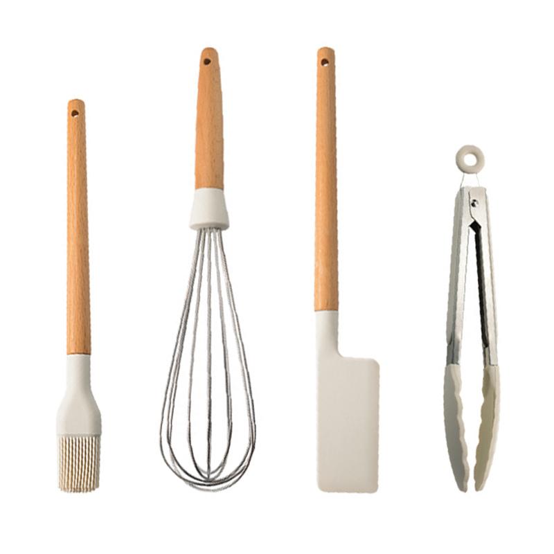 White Silicone Wooden Handle Soup Spoon Spatula Brush Scraper Pasta Egg Beater Non-stick Kitchen Cooking Tools Kitchenware
