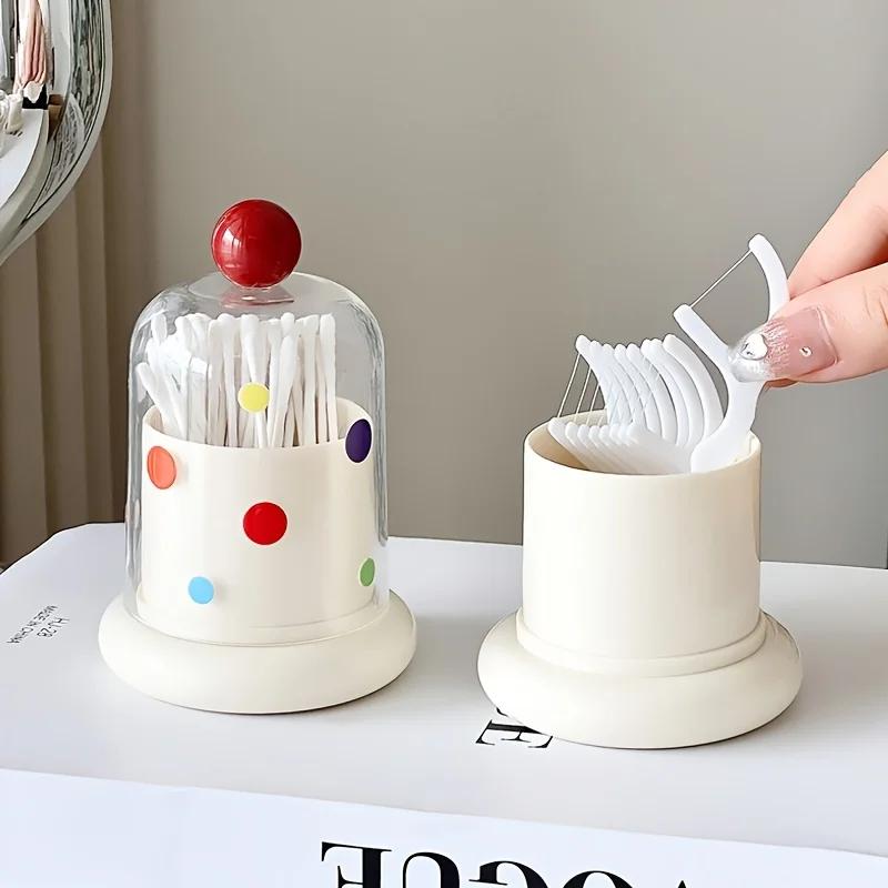 1Pcs Multifunctional Cotton Swab Toothpick Polka Dot Storage Box With Dustproof Clear Cover For Bathroom
