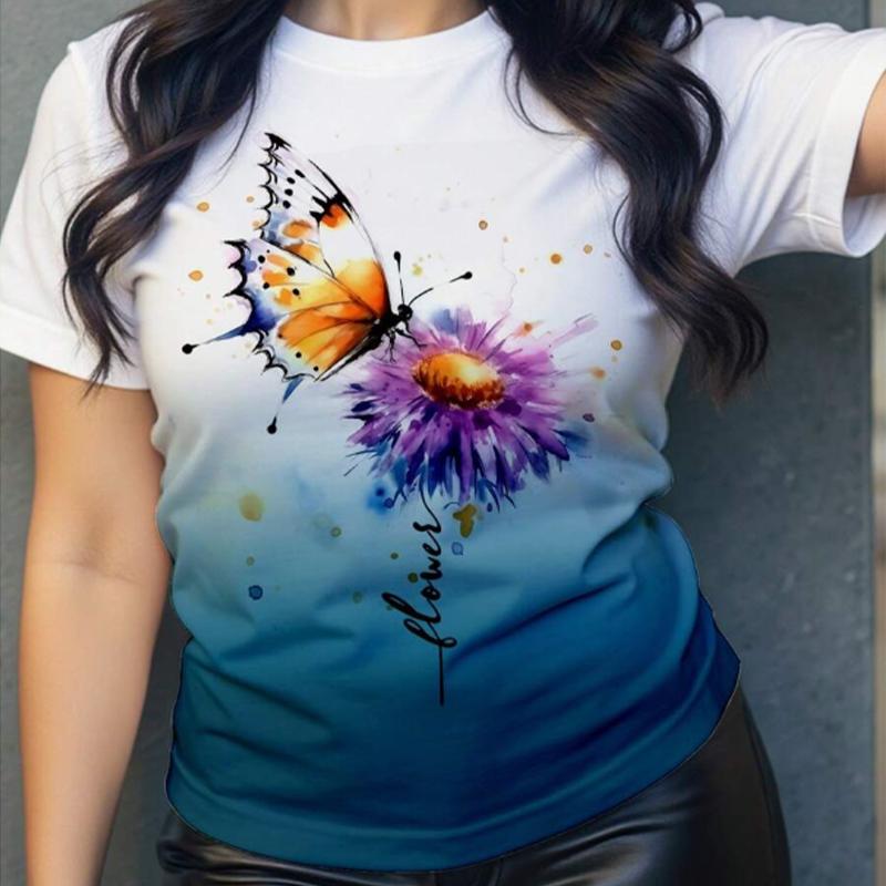 

Женская летняя футболка с принтом бабочек в стиле ретро, футболки с коротким рукавом, повседневные топы с принтом 8XL зелёный