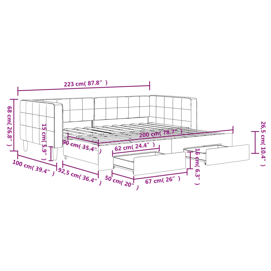 Daybed with Pull Out Function and Drawers Light Grey 90 X 200 Cm Velvet