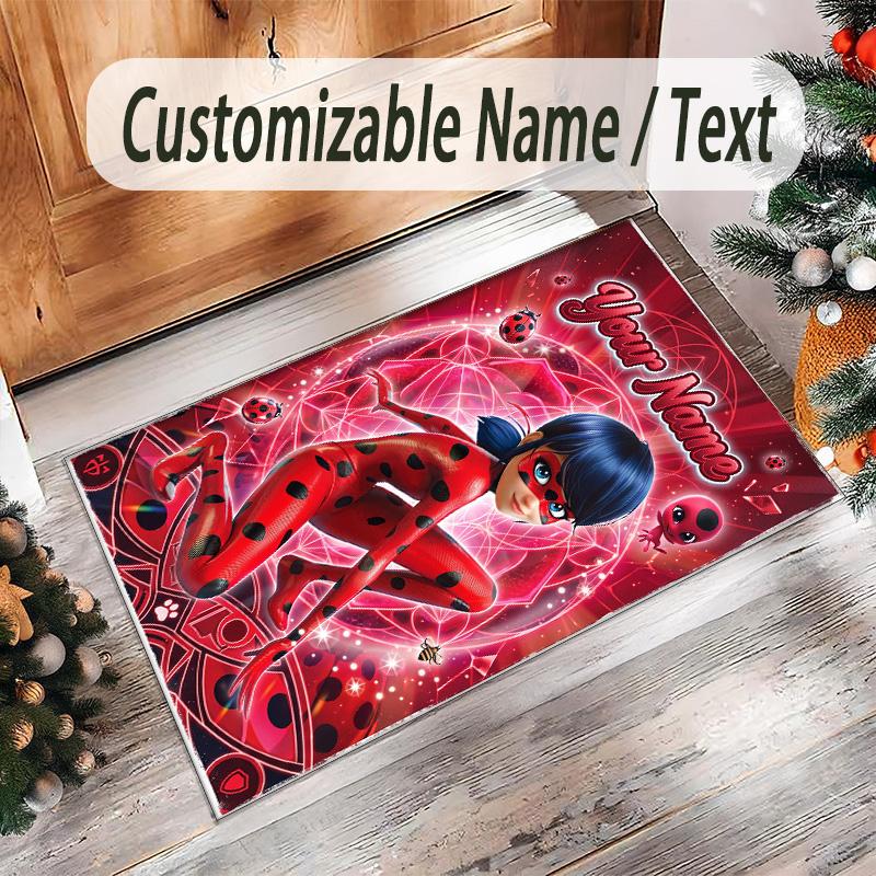 Alfombra de Terciopelo de Cristal Personalizada con Nombre y Texto, Alfombra de Área Antideslizante Miraculous Ladybug Para Decoración del Hogar