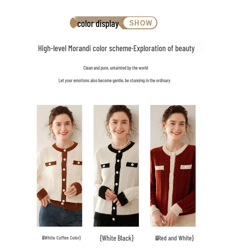 Women's Thick Cashmere Color Block Cardigan Sweater - Autumn/Winter Collection, Loose Fit, Round Neck