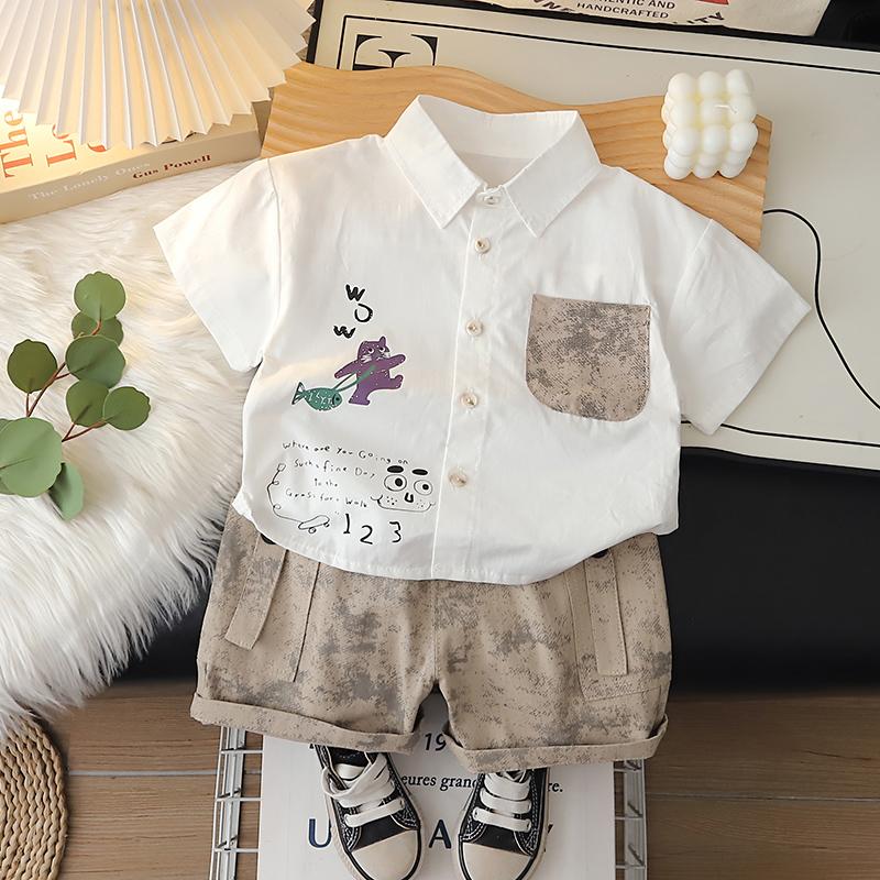 Boys' short sleeved two-piece set with cartoon printed shirt and casual shorts High-quality clothes for Boys