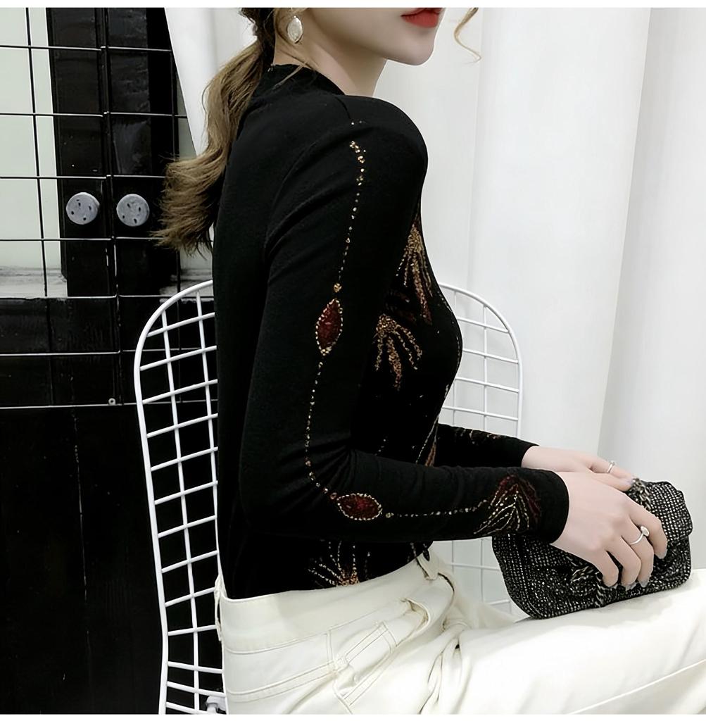 De Rong Women's Elegant V-Neck Long Sleeve Shirt with Hot-Drilled Details - Autumn/Winter Collection