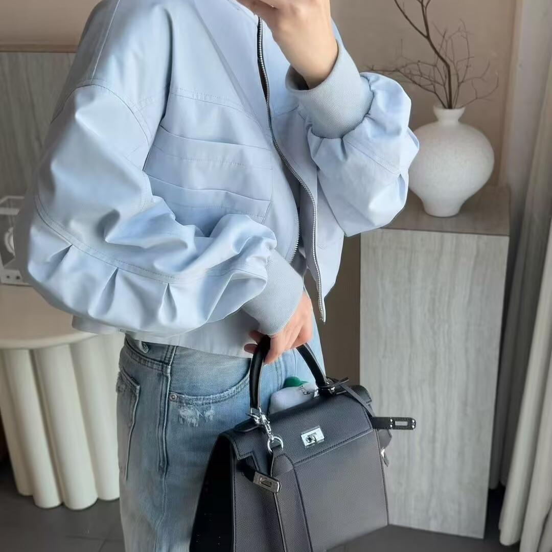 

Женская весенняя куртка 2025 года с воротником-стойкой, приталенного силуэта - Модная свободная повседневная верхняя одежда. M светло-синий