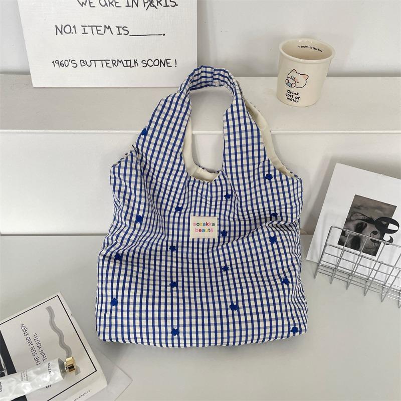 

Summer ins new blue plaid embroidered small flower shoulder shopping bag casual portable canvas vest bag