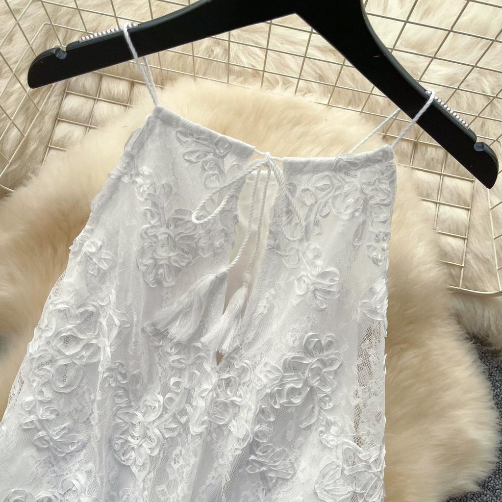 Summer White Lace Halter-Neck Dress for Women Sexy Sleeveless Floral Embroidered A-Line Maxi Dress