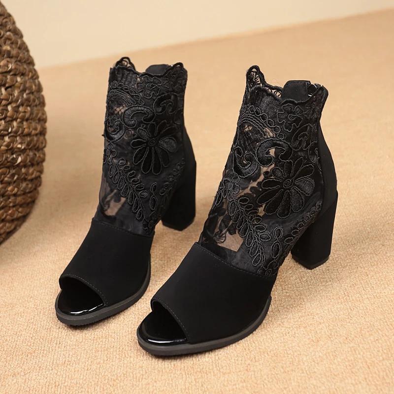 Fashion 2025 New Elegant Round Toe Zip Pumps Lace Flower Ankle Strap Hollow Out Sandals Fashion Women High Heels Shoes Zapatos De Mujer