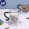 Double Wall Glass Milk Juice Cup Creative Cute Cat Shape Coffee Mug Cartoon Couple Teacup with Cover Household Office Drinkware