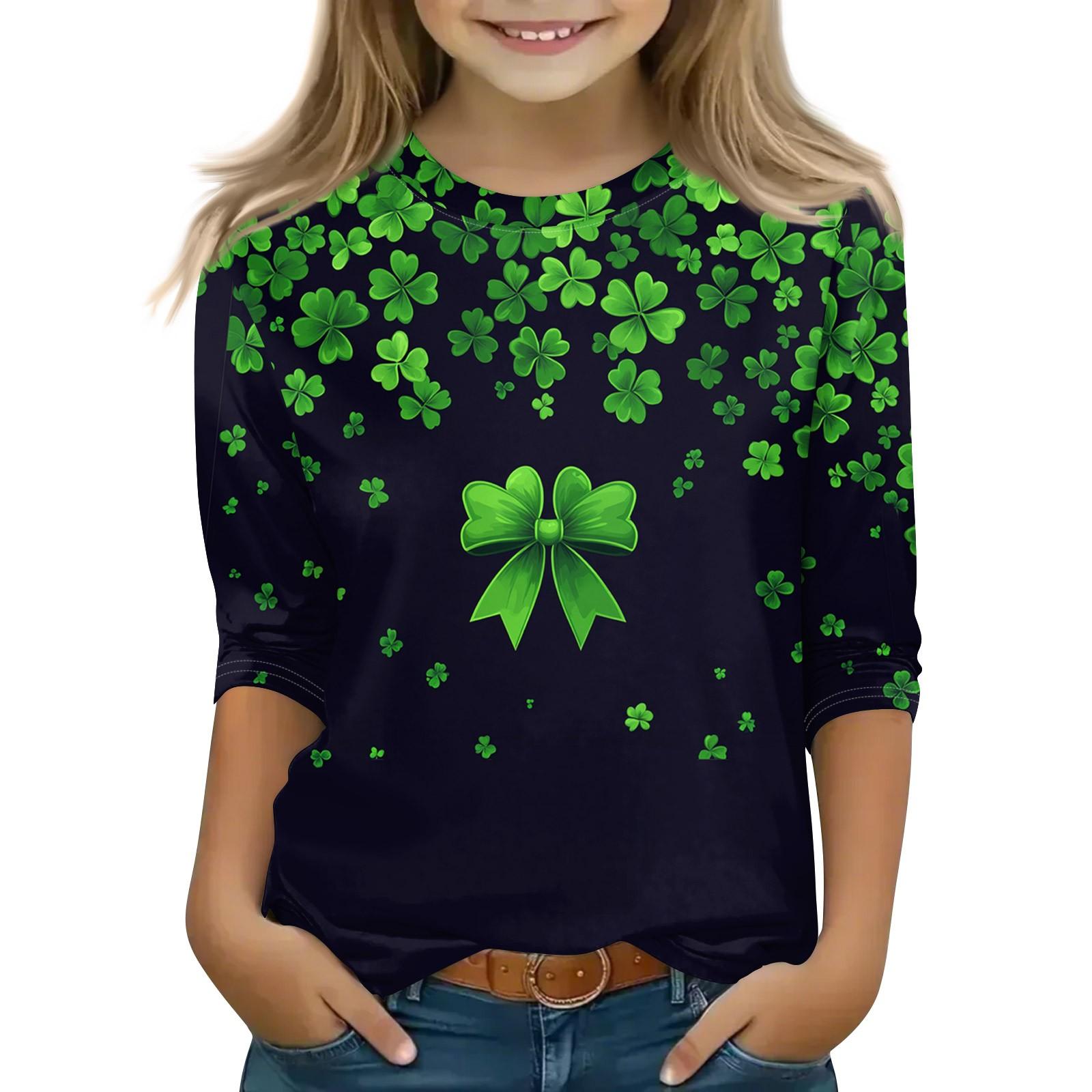 

Топы с принтом для девочек 5-16 лет с круглым вырезом и рукавами 3/4 Футболки Модные топы Наряды Футболки 120 зелёный