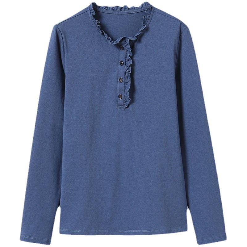 Women's Long-Sleeve Stand-Up Collar T-Shirts with Ruffled Collars, Loose Fit, Large Size - Perfect for Spring and Autumn