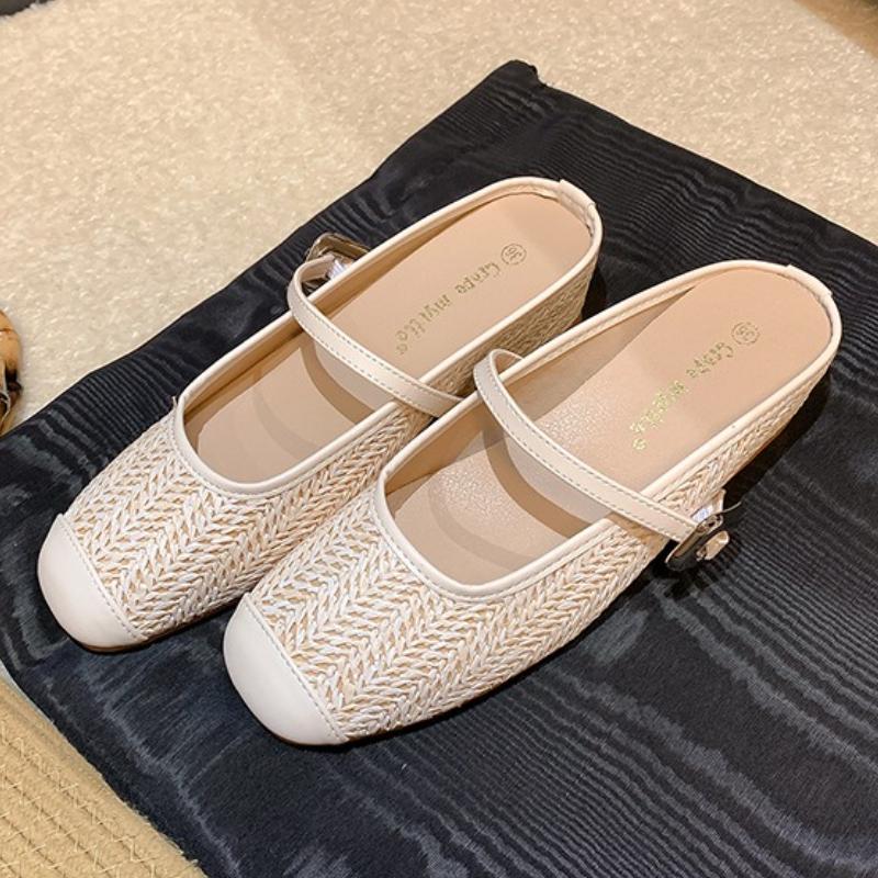 

Fashion Retro Hollow Woven Flat Slippers Women Fashion Round Toe Buckle Casual Shoes Comfort Non-slip Brand Designer Zapatos Para Mujer 35 бежевый