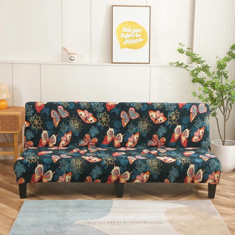 LANMOLIFE Armless Futon Sofa Cover Printed Elastic Sofa Covers Removable Cleaning Spandex Sofa Covers Suitable For Home Decor