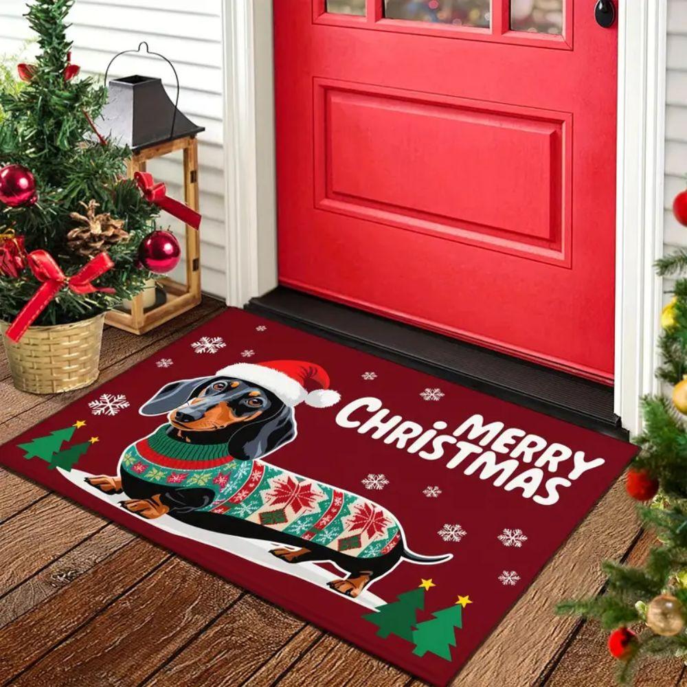 VIKAMA Christmas Dachshund Rug Bedroom & Kitchen Non-Slip Mat Front Door Entry Welcome Doormat Holiday Home Decor