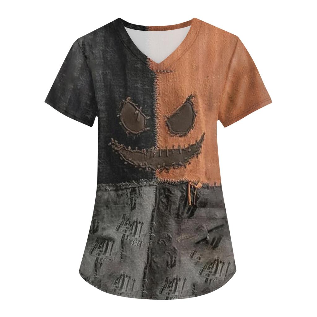 Women's Printing Uniform Work Uniform V-neck Pockets Basic Short Sleeve Pullover Top
