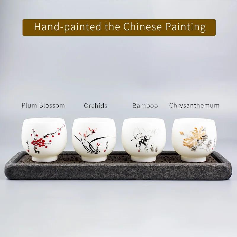 China Tea Cup Drinkware Teaware Tea Bowl Chinese Suet Jade Ceramic Hand Painted Flowers Plant  Water Mug Office Gift 200ml