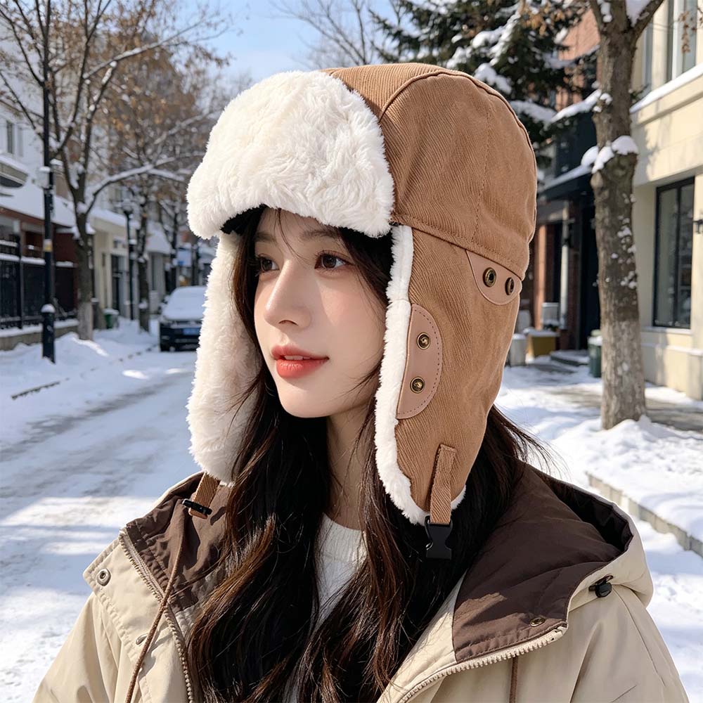 Solid Color Ear Protective Hat Windproof Women Plush Hat Cute Winter Pilot Hat  Autumn