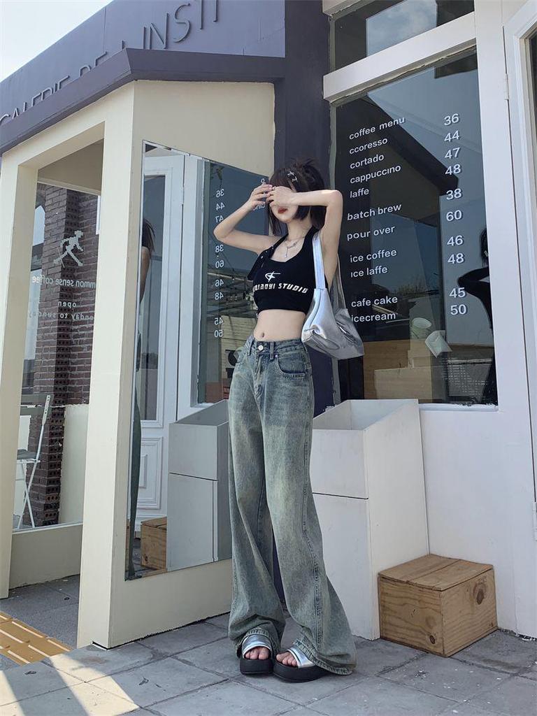 Women's Retro Distressed High-Waisted Wide-Leg Jeans - Slim-Fit, Straight-Leg, Floor-Length, Petite Autumn Style.