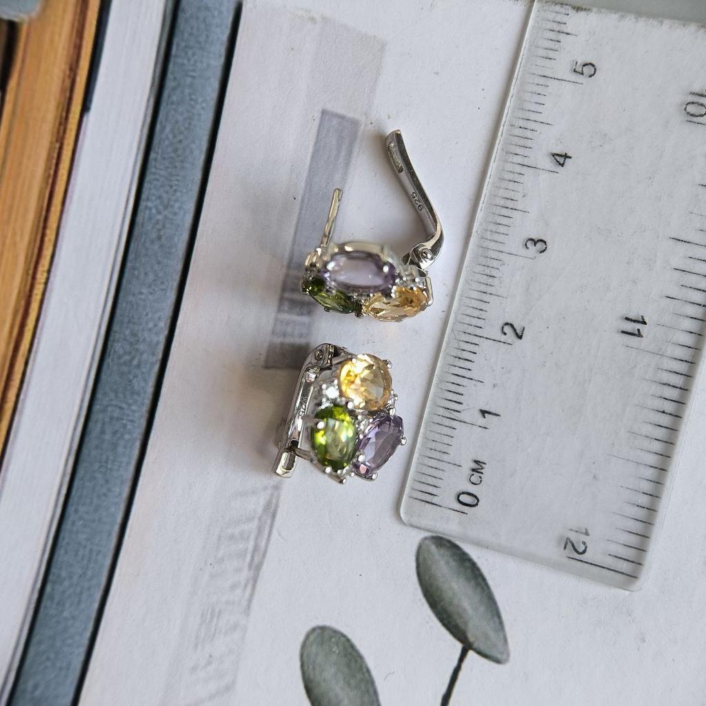 Серебряные серьги с натуральным аметистом 6.621ct, цитрином, хризолітом (2193289)