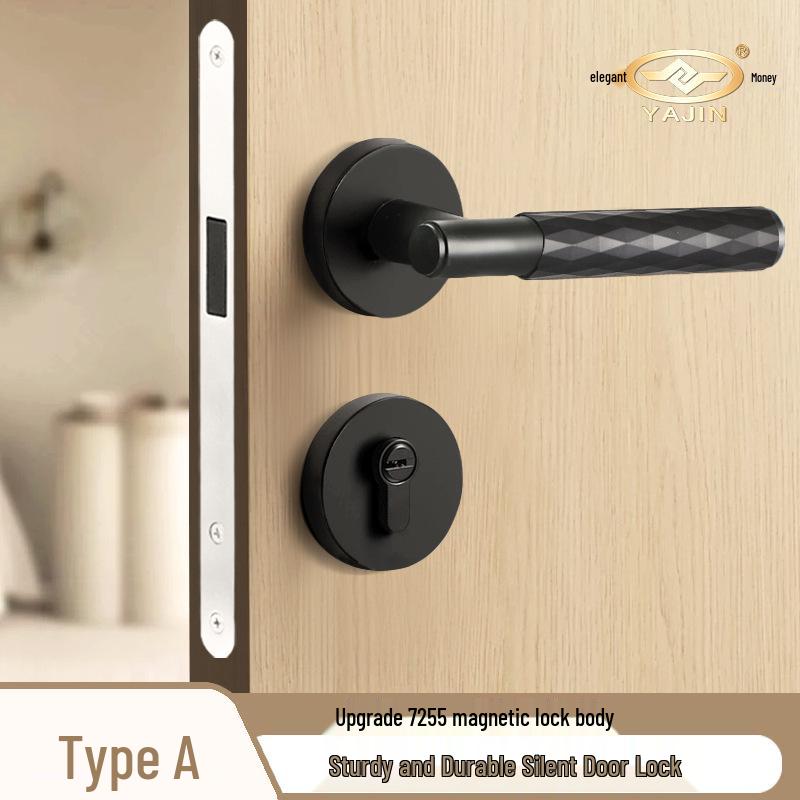 Black Knurled Magnetic Silent Door Handle with Lock for Bedroom Wood Doors