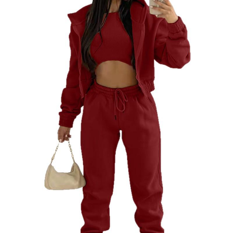 Women's Solid Color Three-Piece Set: Hooded Sweatshirt & Long Pants - Casual, Elegant Commute.