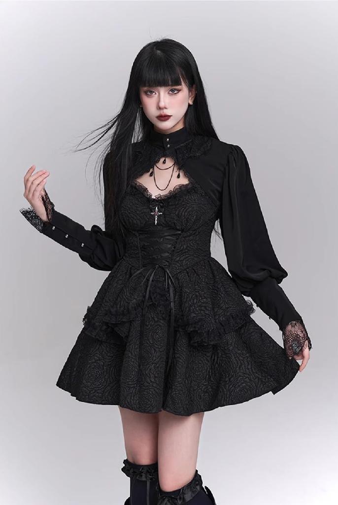 Qichenk Gothic Lolita Langarm Gothic Lolita Gothic Halloween Damenkleid, Spitze, Kostüm, Damenhaft, Kleid, Cosplay, Niedlich, Outfit, Schwarz,