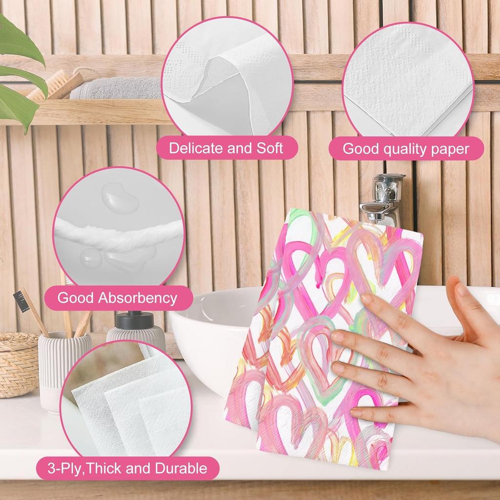 100Pcs Valentine's Day Paper Guest Napkin Colorful Heart Bathroom Napkin Decorative Disposable Hand Towel Napkin For Home Party Supplies