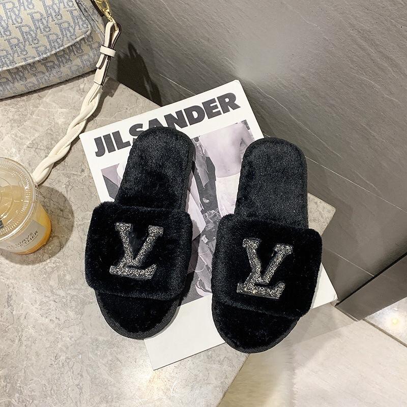 Large Size Fluffy Slippers Autumn and Winter New Home Flat Bottom Warm One-word Slippers Fashion Cotton Slippers