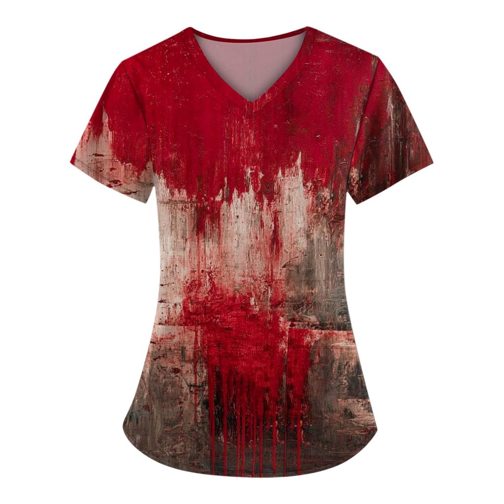 Plus SizePrinted Scrub Working Uniform Tops For Women's Cross V-Neck Halloween Print Short Sleeve Fun T-Shirts Workwear Tee With Pockets