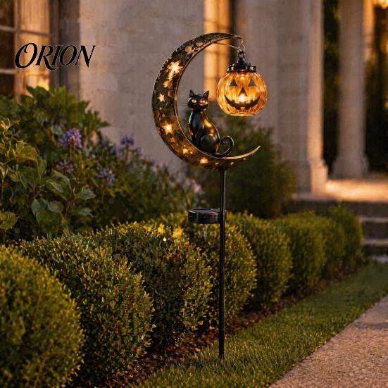 Solar Flower Bed Lights Halloween Garden Stake Light, Soft Warm Jack-o-Lantern, Moon Cat Silhouette Outdoor Pathway Decor, Waterproof Metal Lawn Patio
