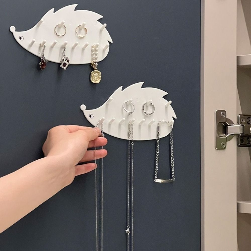 2Pcs Wall Mounted Hedgehog Jewelry Hook Dual Layer Sticky Hook  Necklace Chains Storage