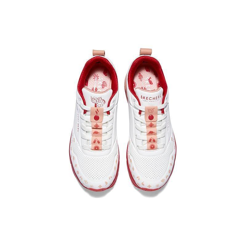Skechers Tres-Air Uno Synthetikleder Runde Spitze Schnürung Stoßdämpfend Langlebige Unterstützung Niedrig geschnitten Freizeit-Schuhe Damen Sneaker Weiß Rot 177920-WRD