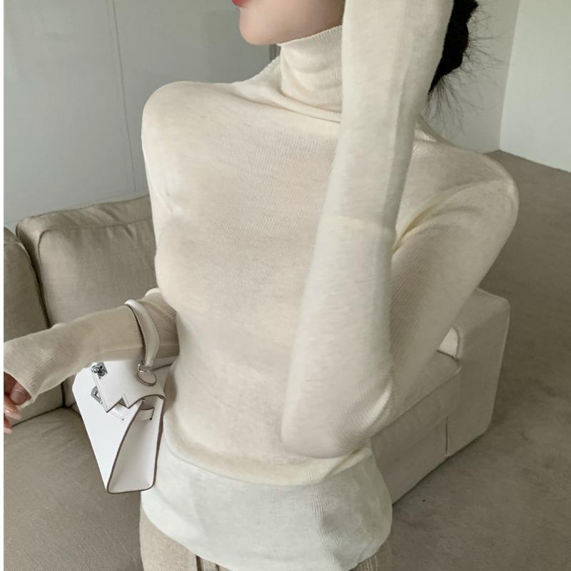 Piled Collar Solid Color All-match Knitted Sweater Women's Autumn and Winter Western-style Slim-fit Coat Inner Knitted Base Shirt