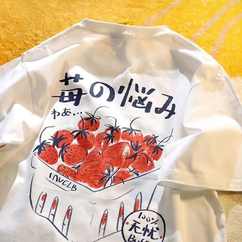 

American street men and women retro trend personalized strawberry print graphic T-shirt loose casual couple short sleeves y2k 4XL