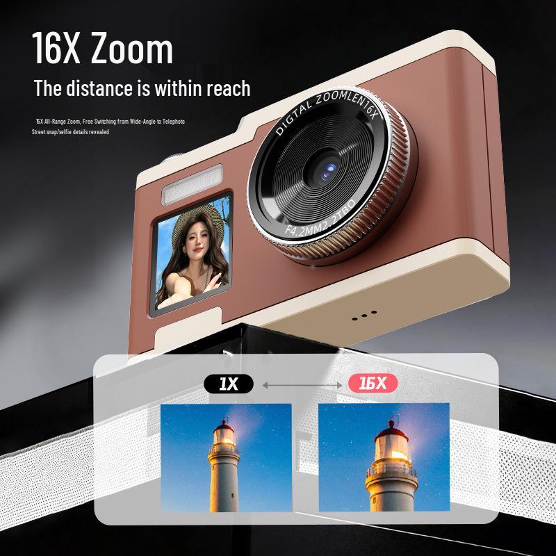 Retro HD Digital Camera with Dual Screens, 64MP CCD Sensor, 16x Optical Zoom, and Beauty Mode.