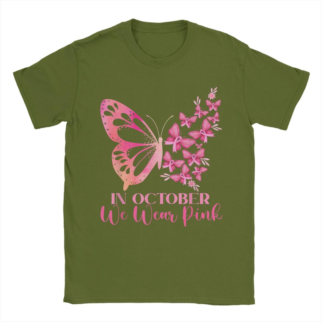 In October We Wear Pink Butterfly Breast Cancer Awareness Men T Shirts  Hipster Tee Shirt Short Sleeve Round Collar T-Shirt Tops