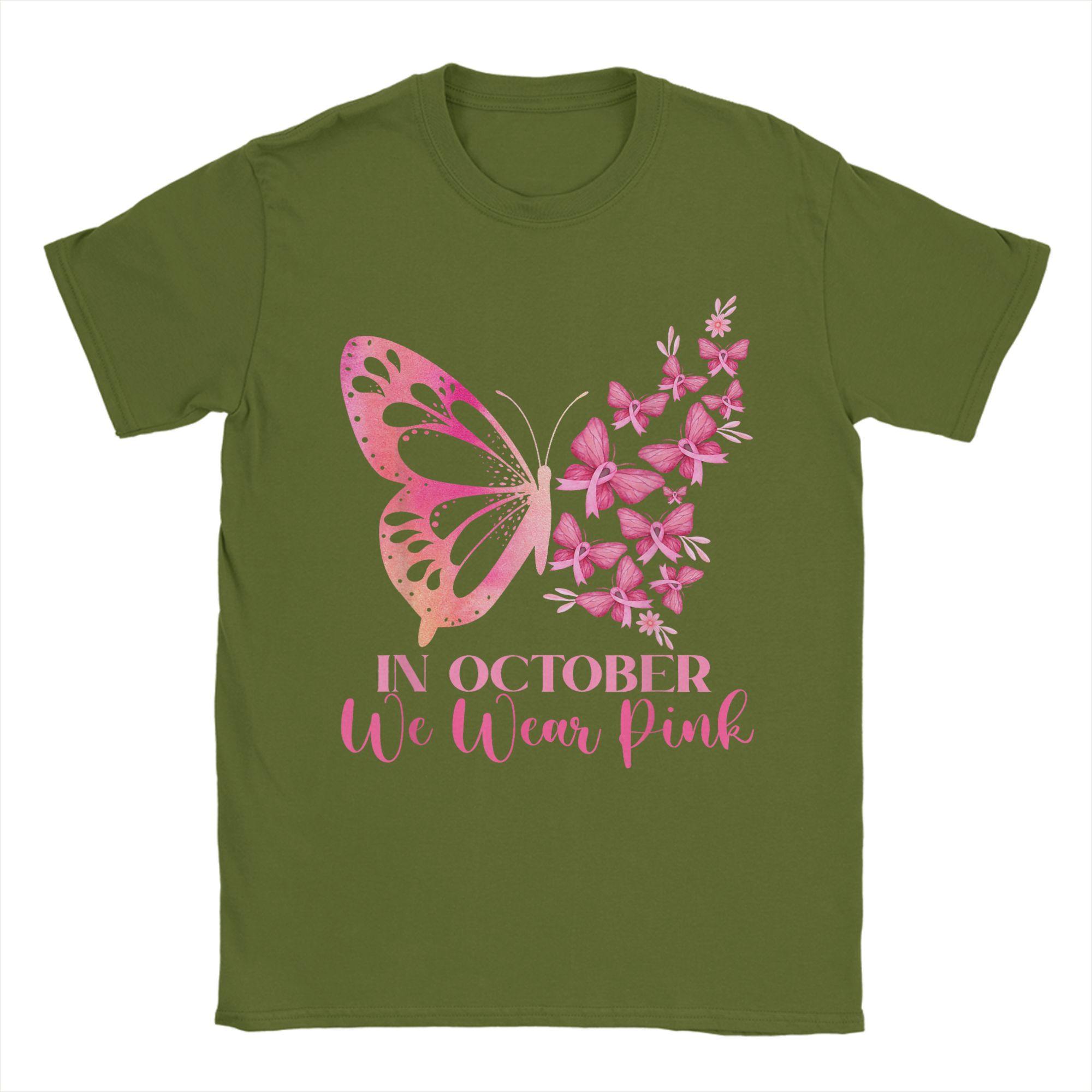

In October We Wear Pink Butterfly Breast Cancer Awareness Men T Shirts Hipster Tee Shirt Short Sleeve Round Collar T-Shirt Tops 4XL