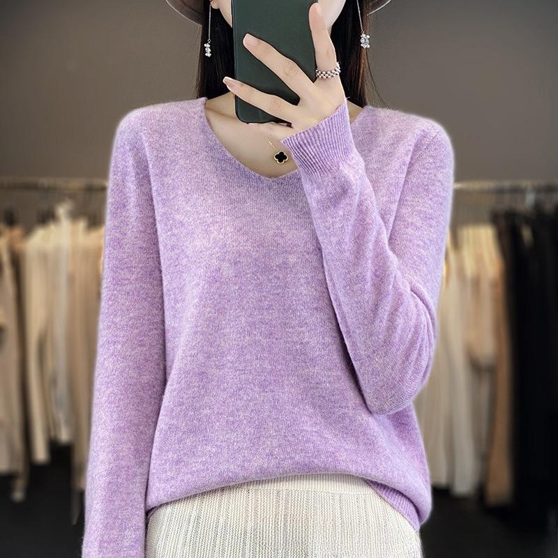 TIFICY Women s Fashion Casual Fall Winter Solid Color Print Long Sleeve V-Neck Sweaters S