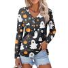 Women's Casual Fashion Sexy Comfort Halloween Printed V-Neck Button Long Sleeve