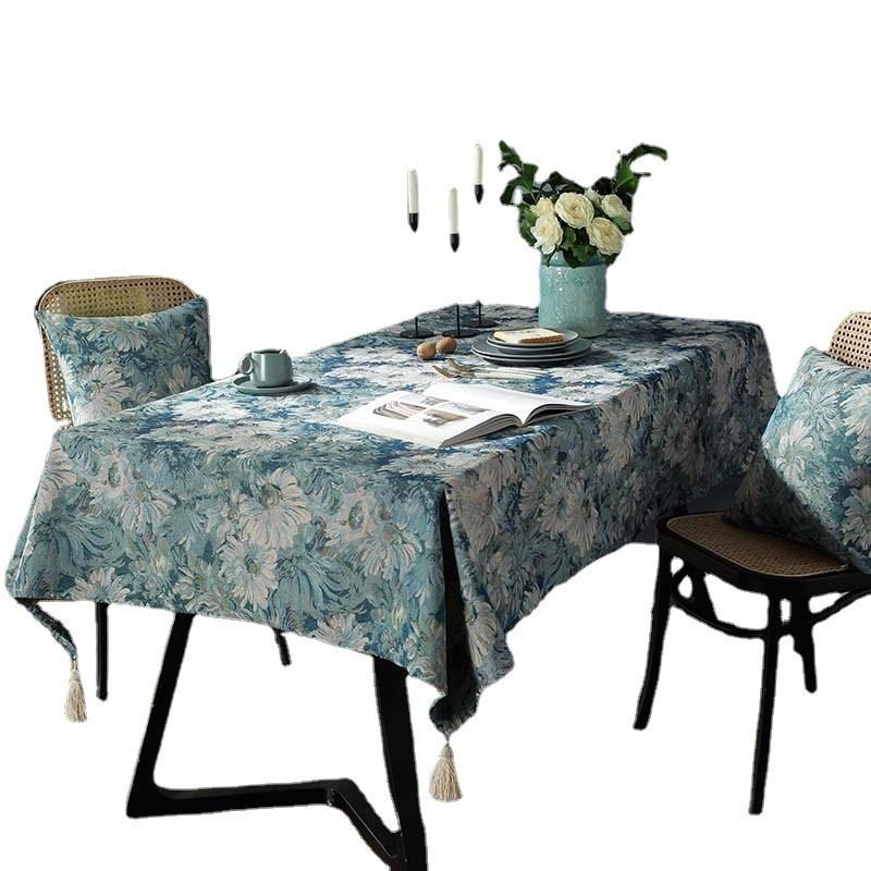Oil Painting Art Pastoral Home Cotton Linen Background Cloth Tassel Coffee Table Bedside Table Cover Cloth Decor Tablecloth