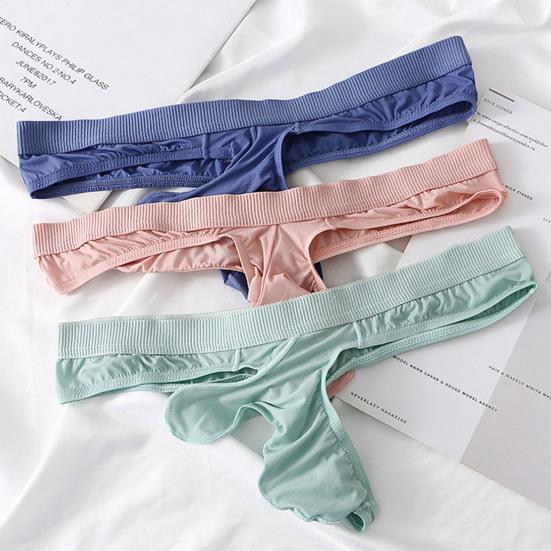 Men Thong Low-rise Elastic Waist Ice Silk Fabric Elephant Nose Design Solid Color Briefs Breathable Underwear