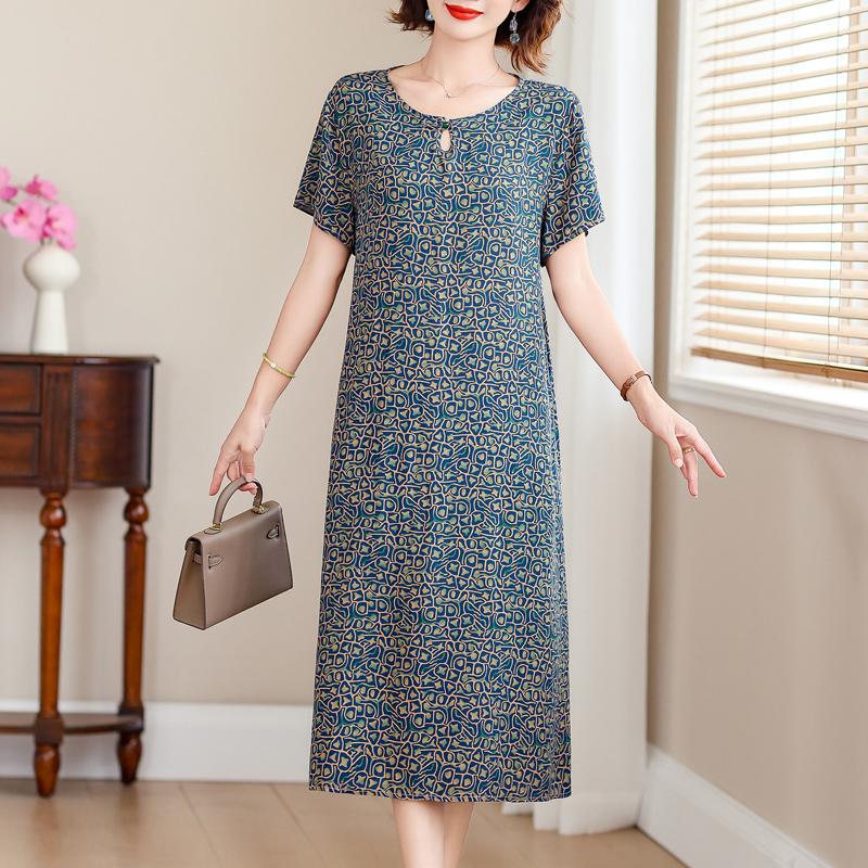 Elegant Long Dresses for Women Plus Size Loose Short Sleeve Vintage Dress Summer Middle-aged Women's Clothing