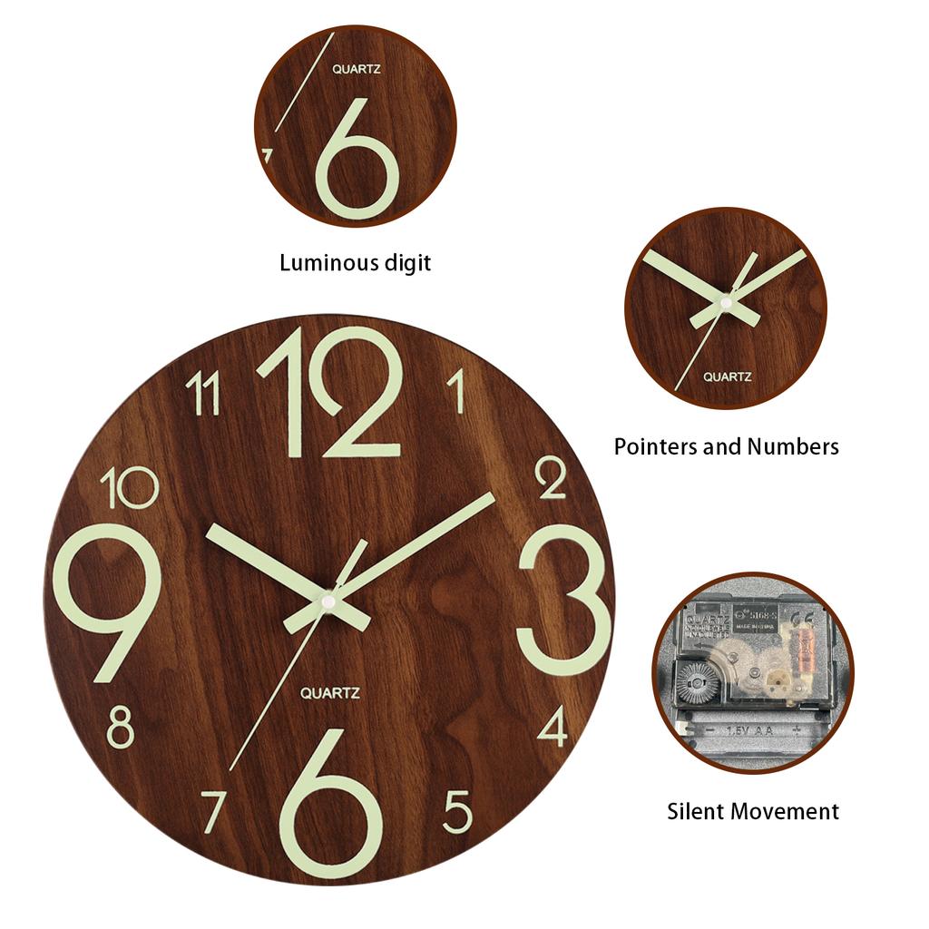 1PC 12inch Luminous Wall Clock Frameless Digital Clock Wall Mute Clock for Living Room Bedroom Wall Decor With Night Light